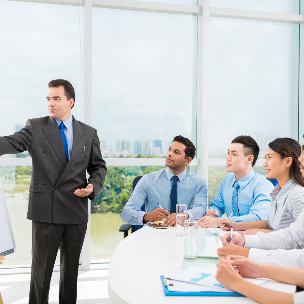 Business meeting in progress with diverse team.